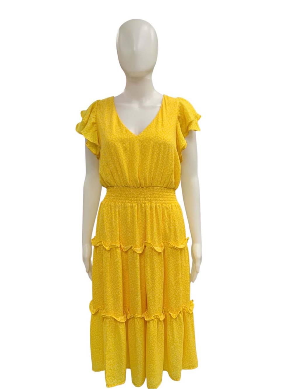 Sienna Sky Sunny Yellow Ruffle V-Neck Midi Dress Size M